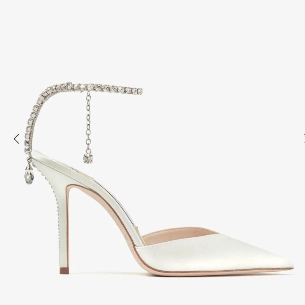 IVORY JIMMY CHOO SATIN PUMPS WITH CRYSTAL EMBELLISHMENT- sole worn